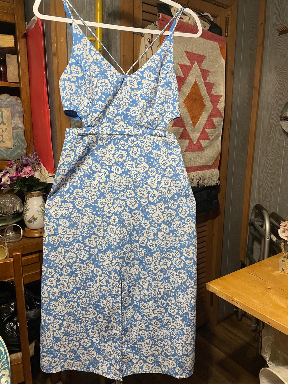Topshop Blue and White Floral Midi Dress with Spaghetti Straps